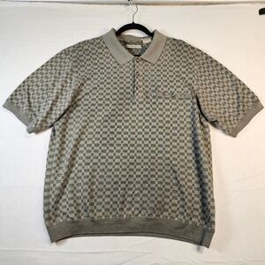 Vintage 90s Mens Large Check Polo Shirt Button Neck Preppy Banded Bottom Grey